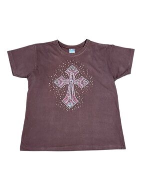 Bay Beauty Rhinestone Cross T-Shirt Chocolate  Brown Size Medium